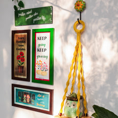 Life is better on the balcony wall combo | Yellow macrame shelf with frames