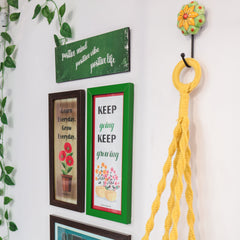 Life is better on the balcony wall combo | Yellow macrame shelf with frames