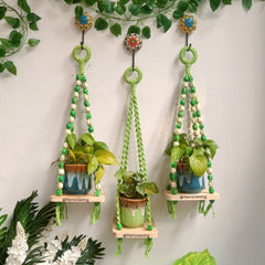 Green Macrame Hanging Wall Decor with Attached Wooden Planks-004