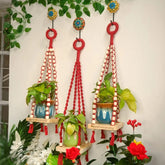 Red Macrame Hanging Wall Decor with Attached Wooden Planks 003