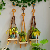 Mustard Macrame with Beads Shelf With Ceramic Planters & Ceramic Hook-006