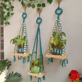 Teal Macrame Hanging Wall Decor with Attached Wooden Planks-005