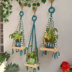 Teal Macrame Hanging Wall Decor with Attached Wooden Planks-005