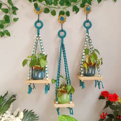 Teal Macrame Hanging Wall Decor with Attached Wooden Planks-005