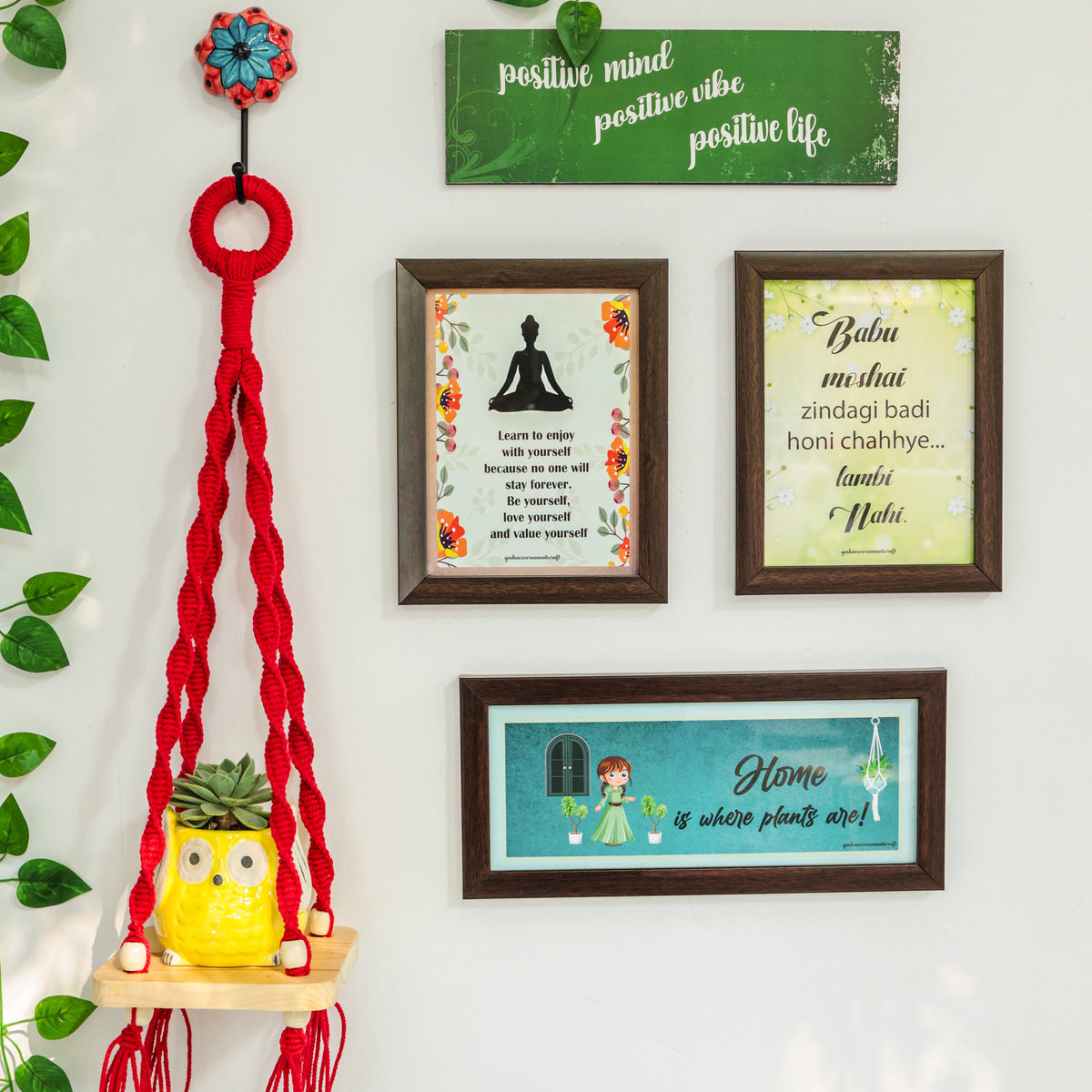 Home is where plants are Wall Combo | Red Macrame shelf with frames