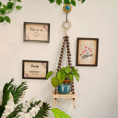 Beige - Macrame Hanging Wall Decor with Attached Wooden Planks & Frames- 001