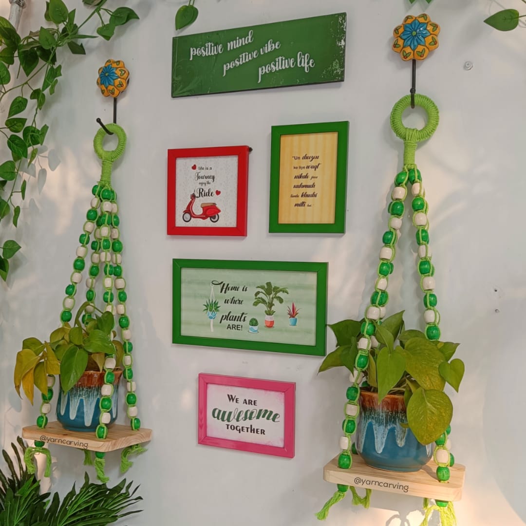 Green Knot & Bead |  Macrame Shelves with Frames & Planter-0011