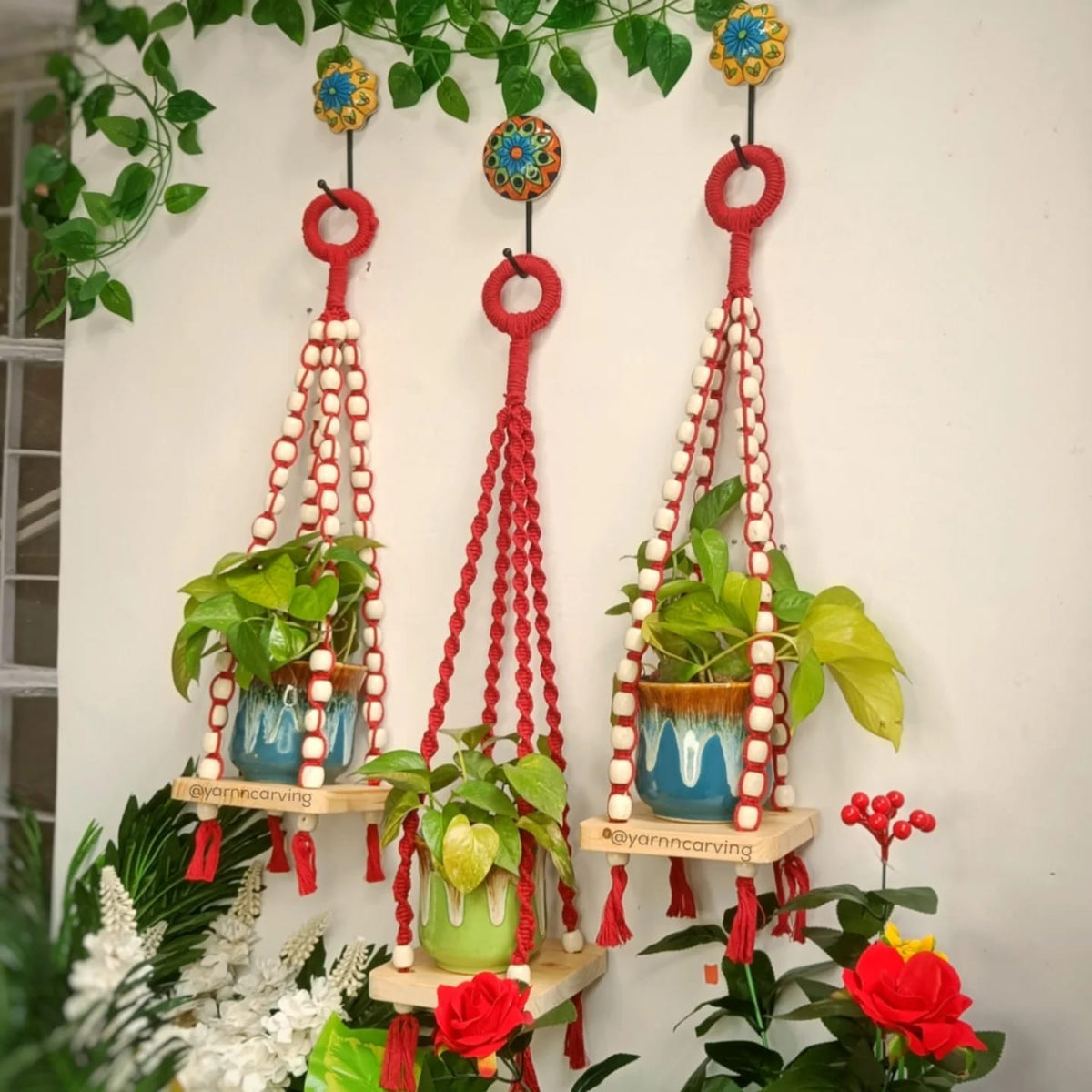 Red Macrame Hanging Wall Decor with Attached Wooden Planks 003