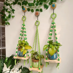 Green Macrame Hanging Wall Decor with Attached Wooden Planks-004