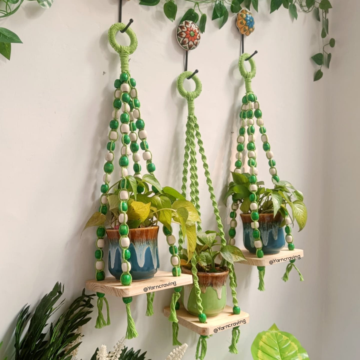Green Macrame Hanging Wall Decor with Attached Wooden Planks-004