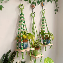 Green Macrame Hanging Wall Decor with Attached Wooden Planks-004