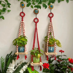 Red Macrame Hanging Wall Decor with Attached Wooden Planks 003