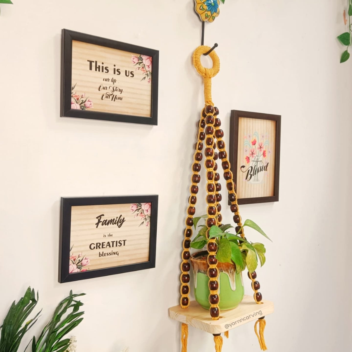 Mustard - Macrame Hanging Wall Decor with Attached Wooden Planks & Frames- 002