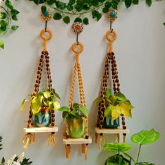 Mustard Macrame with Beads Shelf With Ceramic Planters & Ceramic Hook-006