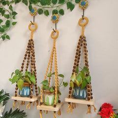 Mustard Macrame with Beads Shelf With Ceramic Planters & Ceramic Hook-006