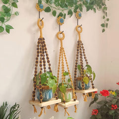 Mustard Macrame with Beads Shelf With Ceramic Planters & Ceramic Hook-006