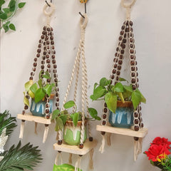 Natural White Macrame with Beads | Shelf With Ceramic Planters & Ceramic Hook