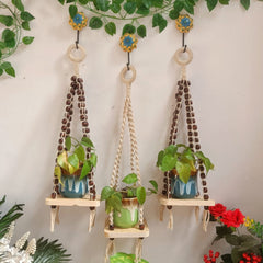 Natural White Macrame with Beads | Shelf With Ceramic Planters & Ceramic Hook