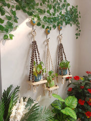 Natural White Macrame with Beads | Shelf With Ceramic Planters & Ceramic Hook