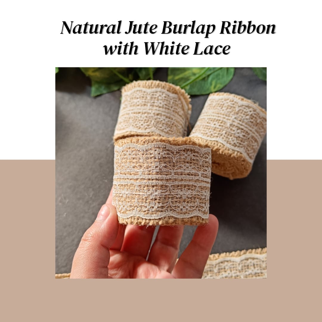 Natural jute Burlap Ribbon with white lace